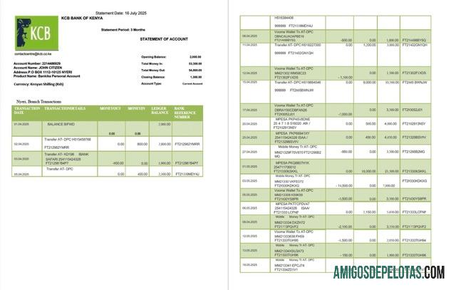 Extrato bancário KCB do Quênia para download, modelo Word e PDF, 2 páginas